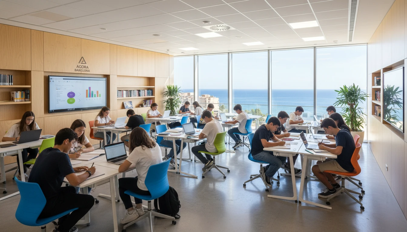 International students studying in a modern Agora Barcelona classroom